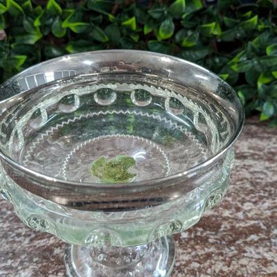 Vintage Large Glass Bowl Pedestal Metal Rim Flower Display
