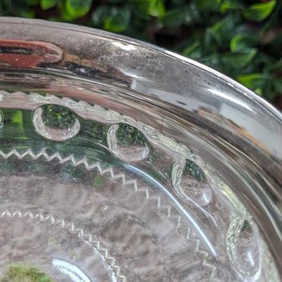 Vintage Large Glass Bowl Pedestal Metal Rim Flower Display