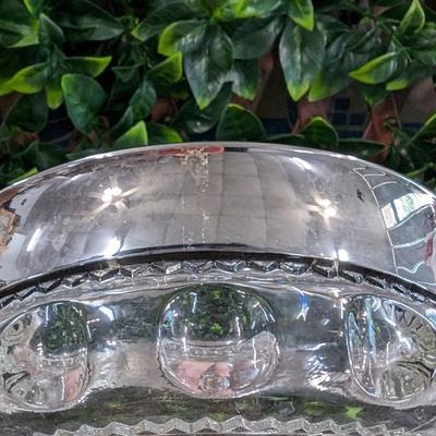 Vintage Large Glass Bowl Pedestal Metal Rim Flower Display