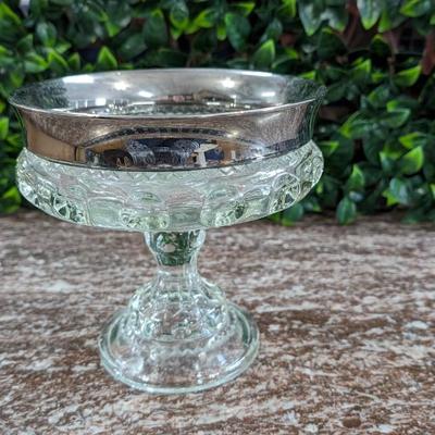 Vintage Large Glass Bowl Pedestal Metal Rim Flower Display