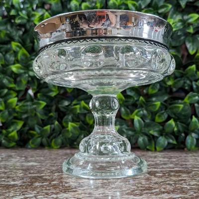 Vintage Large Glass Bowl Pedestal Metal Rim Flower Display