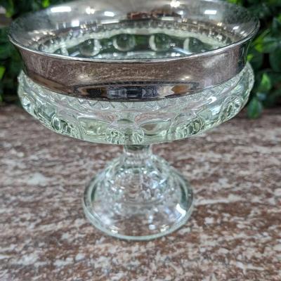 Vintage Large Glass Bowl Pedestal Metal Rim Flower Display
