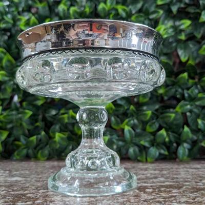 Vintage Large Glass Bowl Pedestal Metal Rim Flower Display