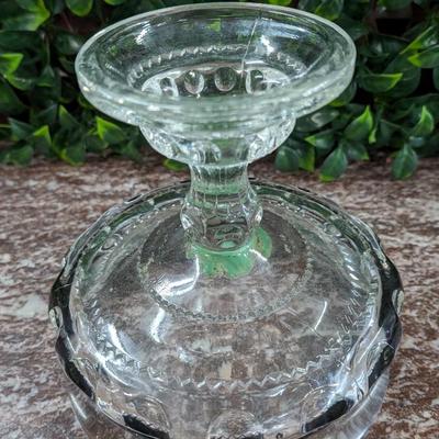 Vintage Large Glass Bowl Pedestal Metal Rim Flower Display