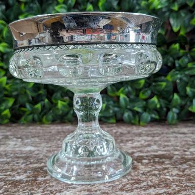 Vintage Large Glass Bowl Pedestal Metal Rim Flower Display