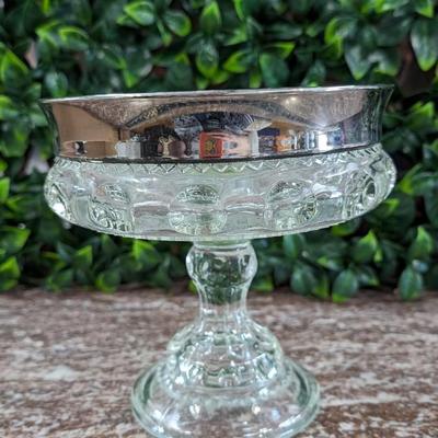 Vintage Large Glass Bowl Pedestal Metal Rim Flower Display