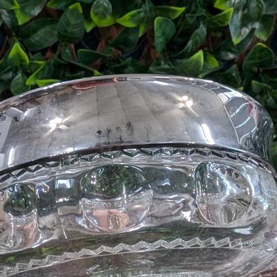 Vintage Large Glass Bowl Pedestal Metal Rim Flower Display