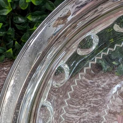 Vintage Large Glass Bowl Pedestal Metal Rim Flower Display