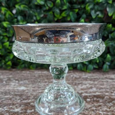 Vintage Large Glass Bowl Pedestal Metal Rim Flower Display