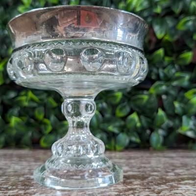 Vintage Small Glass Bowl on Pedestal Metal Rim