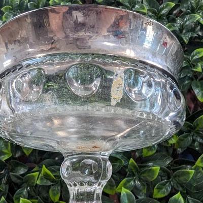 Vintage Small Glass Bowl on Pedestal Metal Rim