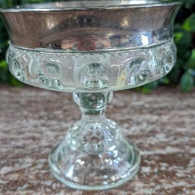 Vintage Small Glass Bowl on Pedestal Metal Rim