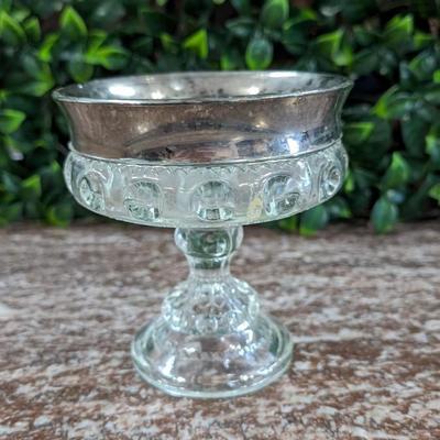 Vintage Small Glass Bowl on Pedestal Metal Rim