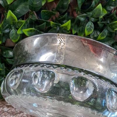 Vintage Small Glass Bowl on Pedestal Metal Rim