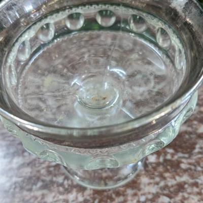 Vintage Small Glass Bowl on Pedestal Metal Rim