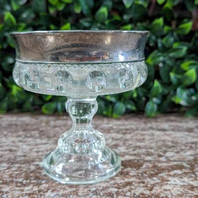 Vintage Small Glass Bowl on Pedestal Metal Rim