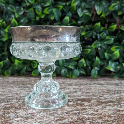 Vintage Small Glass Bowl on Pedestal Metal Rim