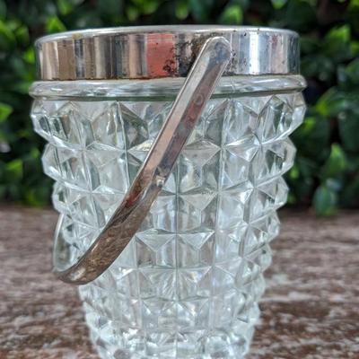 Vintage Cut Glass Crystal Ice Bucket with Silverplate Rim and Handle