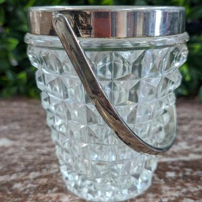 Vintage Cut Glass Crystal Ice Bucket with Silverplate Rim and Handle