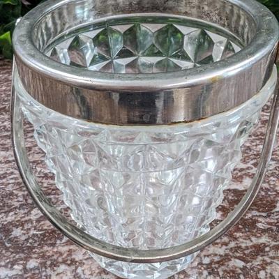 Vintage Cut Glass Crystal Ice Bucket with Silverplate Rim and Handle