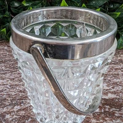 Vintage Cut Glass Crystal Ice Bucket with Silverplate Rim and Handle