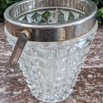 Vintage Cut Glass Crystal Ice Bucket with Silverplate Rim and Handle