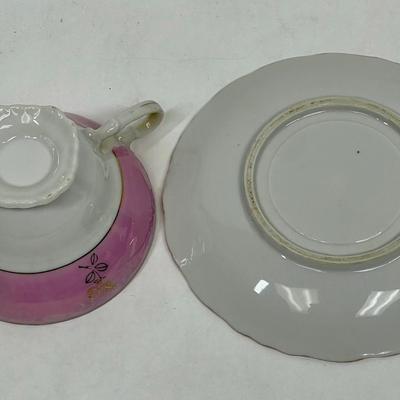 Iridescent Tea Cup & Saucer Floral Pattern with pink border