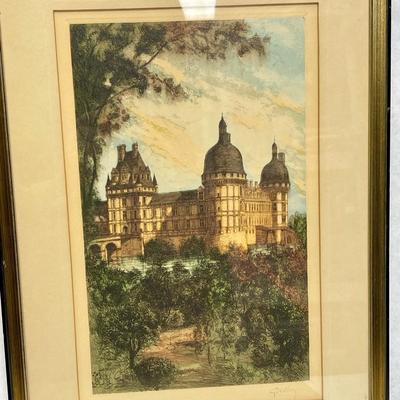 Framed Vintage Color Etching Prints of Castle of Valencay and Chateau d'atay-le-Rideau