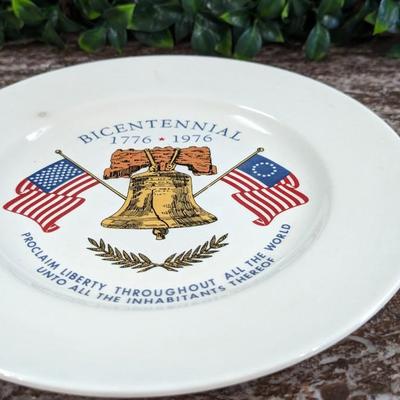 Vintage 1976 Bicentennial Ceramic Plate Bell Flags