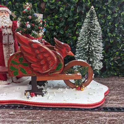 Large Santa Christmas Display Handmade 2003 with Wooden Cardinal Wagon Carrying Toy Bag