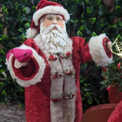 Large Santa Christmas Display Handmade 2003 with Wooden Cardinal Wagon Carrying Toy Bag