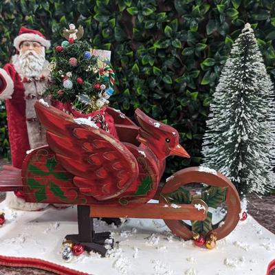 Large Santa Christmas Display Handmade 2003 with Wooden Cardinal Wagon Carrying Toy Bag