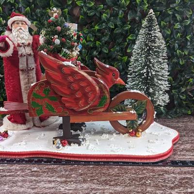 Large Santa Christmas Display Handmade 2003 with Wooden Cardinal Wagon Carrying Toy Bag