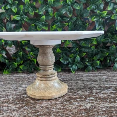 White Marble Hexagon Cake Stand Wooden Pedestal