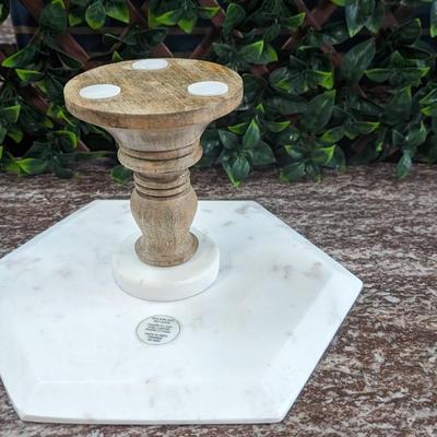 White Marble Hexagon Cake Stand Wooden Pedestal