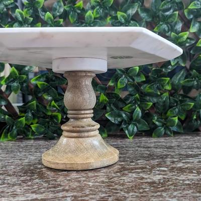 White Marble Hexagon Cake Stand Wooden Pedestal