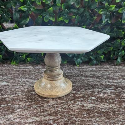 White Marble Hexagon Cake Stand Wooden Pedestal