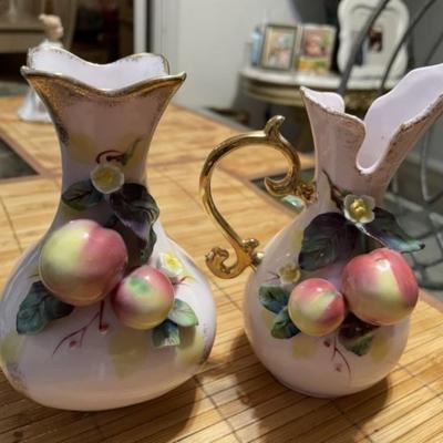 Vintage Lefton China Applied Fruit Pitcher 6" & Vase 5.5" Set Hand Signed by Geo Z. Lefton at the Base in VG Preowned...