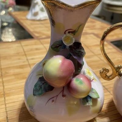 Vintage Lefton China Applied Fruit Pitcher 6" & Vase 5.5" Set Hand Signed by Geo Z. Lefton at the Base in VG Preowned...