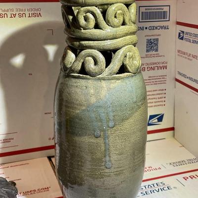 Unique Very Heavy Mid-Century Pottery Vase 12.25" Tall in Good Preowned Condition.