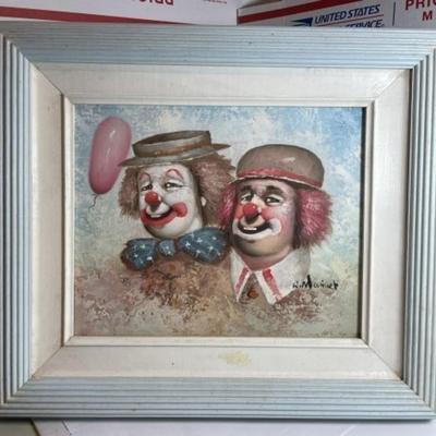 Nice Vintage Oil on Canvas Painting by William Moninet of Clowns Frame Size 12.75" x 14.50" in Good Condition.