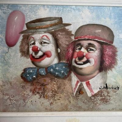 Nice Vintage Oil on Canvas Painting by William Moninet of Clowns Frame Size 12.75" x 14.50" in Good Condition.