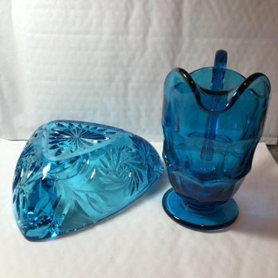 Vintage Mid Century Heavy Blue Glass Ashtray & Creamer Pitcher in Good Preowned Condition.