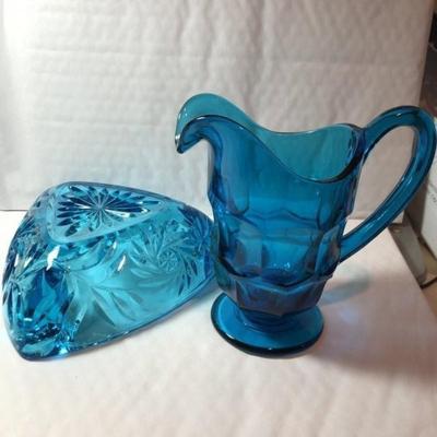 Vintage Mid Century Heavy Blue Glass Ashtray & Creamer Pitcher in Good Preowned Condition.