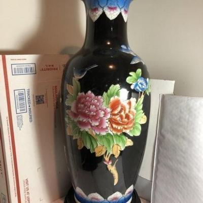 Very Large Vintage Chinese Import 24" Decorative Vase with Wooden Base Preowned from an Estate. Very Good Condition.