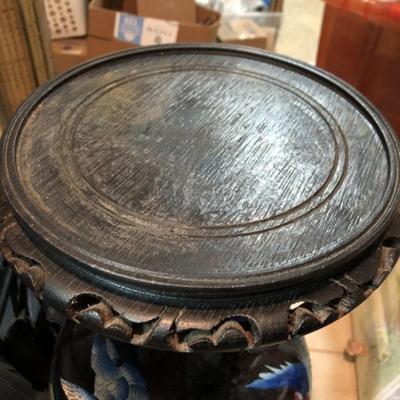 Very Large Vintage Chinese Import 24" Decorative Vase with Wooden Base Preowned from an Estate. Very Good Condition.