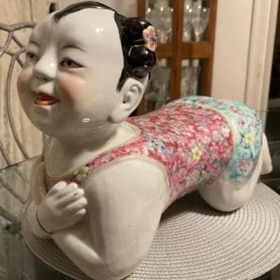 Vintage Earlier SIGNED BASE Chinese Famille Porcelain Baby Child/Girl Opium Pillow Art Statue Sculpture 14" Long as Pic'd.