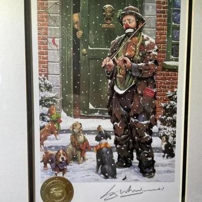 Emmett Kelly Signed Artist Leighton Jones Christmas Carol Artwork Print Frame Size 13.25" x 16.25" Preowned from an Estate.