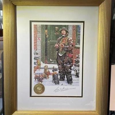 Emmett Kelly Signed Artist Leighton Jones Christmas Carol Artwork Print Frame Size 13.25" x 16.25" Preowned from an Estate.