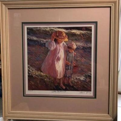 Irene Borg's Little Brother-II Signed & Numbered Lithograph 154/800 Framed 20.5" x 21.5" in Good Preowned Condition.